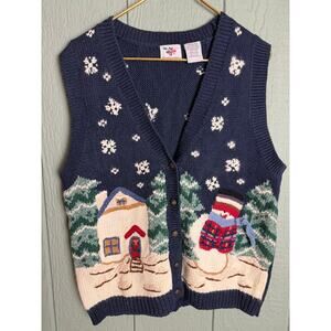 Vintage 90s Nutcracker Christmas Knit Sweater Vest L Snowman, House, Snowflakes